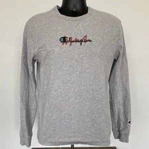 Champion Heritage Long Sleeve Heavyweight T-Shirt Logo Spell Out Mens Small Gray